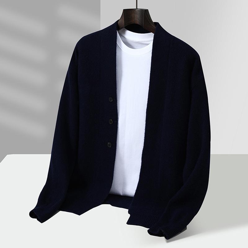 Gruby wełniany kardigan męski - Jednolity kolor, Duży rozmiar, Sweter dzianinowy casual