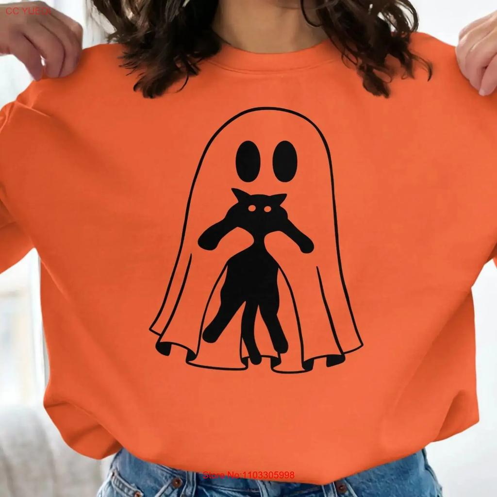 Cute Ghost And Cat T Shirt Spooky Halloween Fun Adorable Under Costume Outfit Casual Wear Vintage Comfortable Versatile