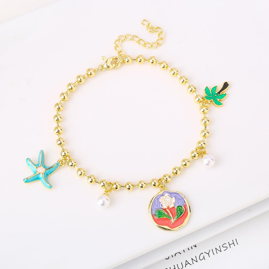 Gold-Plated Starfish Coconut Tree Flower Copper Bead Chain Bracelet Fashion for Women Girls Party Vacation Beach Jewelry Gift