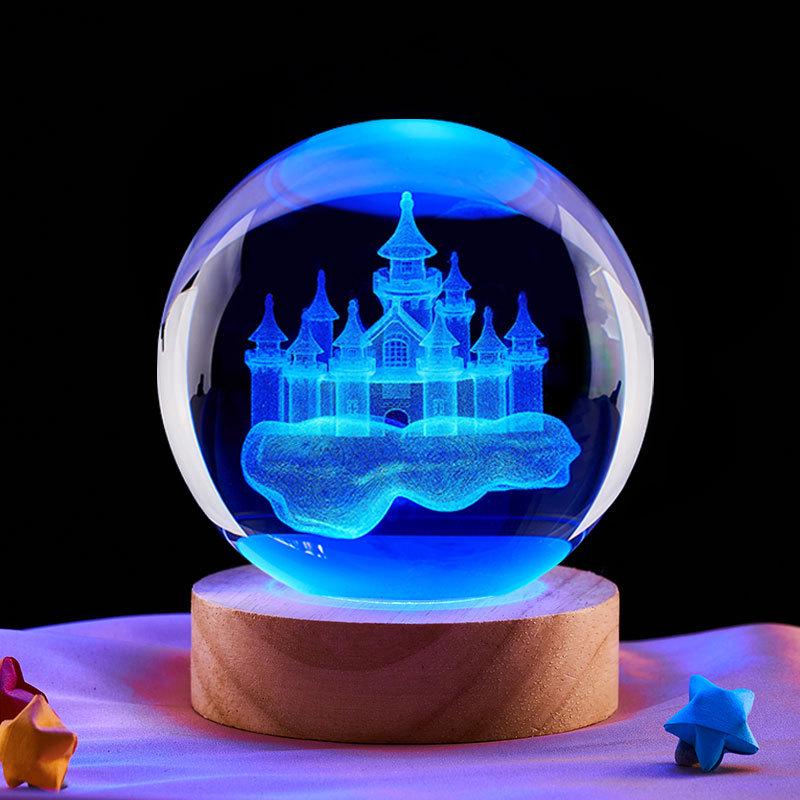 3D Carved Castle in the Sky Crystal Ball Night Light – Luminous Glass Ornament & Valentine's Day Gift