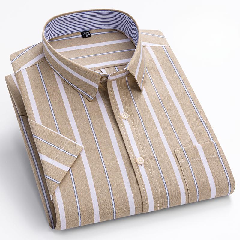 2026 New Men's 100% Cotton Short sleeved Shirt  Single Chest Pocket Work Casual Standard-fit Plaid Striped Oxford Shirts 100KG