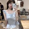 Summer New Sweet Style Pattern Sling Vest Women's Lace-up Ruffle Edge Slim and Thin Versatile Top