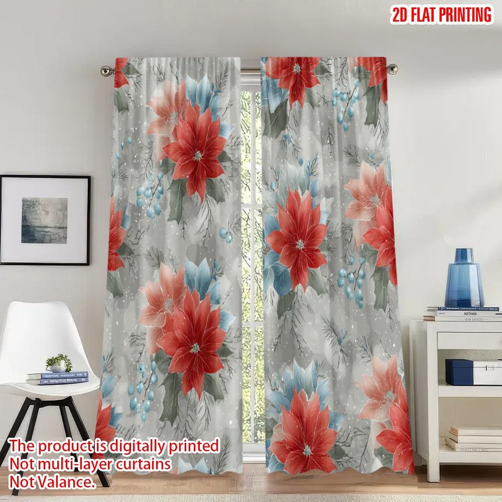 

Flat Printing Fashionable Christmas Curtains Poinsettia Snowflakes Floral Digital Printed Polyester Drapes Set Of 2 Made W100*H70(CM)-Grommet top&2PCS