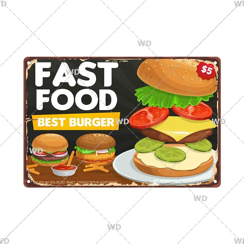 Panneau en étain pour hamburgers, frites, HotDogs, FastFood, Plaque métallique rétro Vintage, affiche en métal, Pizza BBQ pour décoration murale de cuisine