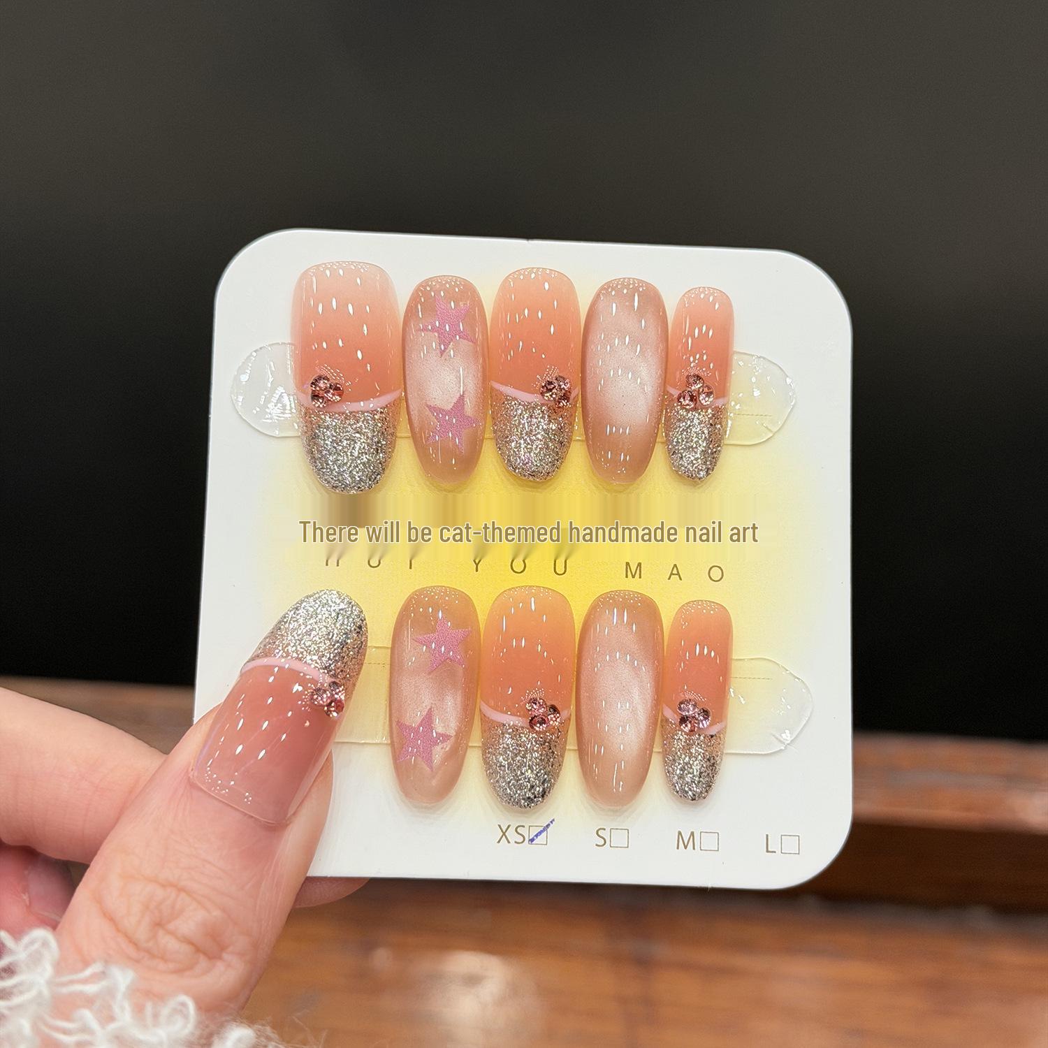 Star Wish Blush Cat Eye Glass Beads French Diamond Nails S - Narrow Oval