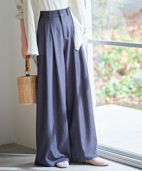 [Kobe Lettuce] Wide-Leg Long Pants for Women, Simple Design [M4163], Size M, Petite, Navy