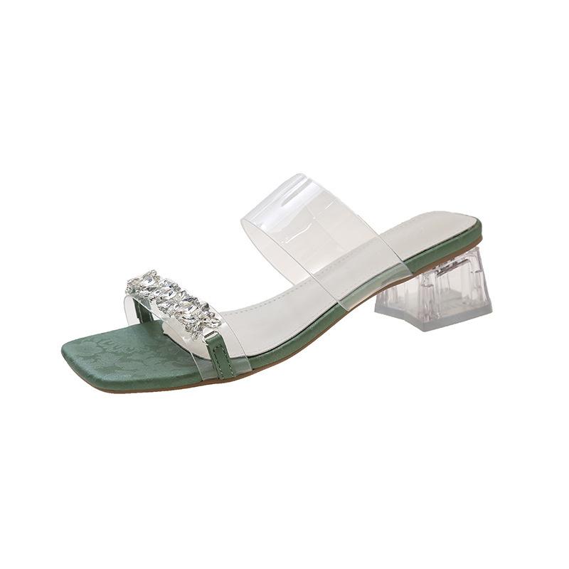 

Rhinestone cool slippers women s summer new sweet crystal thick heel one-word drag transparent belt sandals women 35 зелений