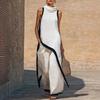 Women Color Block Cotton Linen Two-Piece Outfit Asymmetrical Hem Mock Neck Sleeveless Top Wide-Leg Pants Vacation Lounge Sets