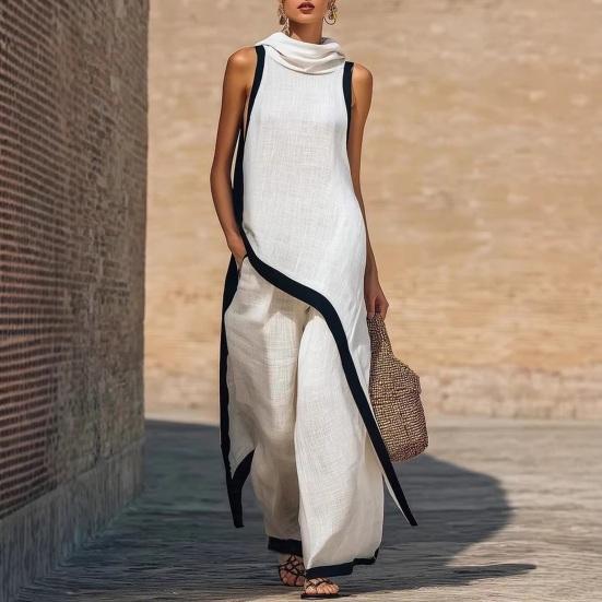 Women Color Block Cotton Linen Two-Piece Outfit Asymmetrical Hem Mock Neck Sleeveless Top Wide-Leg Pants Vacation Lounge Sets