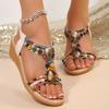 Bohemian Style String Bead Wedge Sandals for Women Summer 2025 Thick Sole Non Slip Beach Shoes Woman Shiny Crystal Roman Sandals