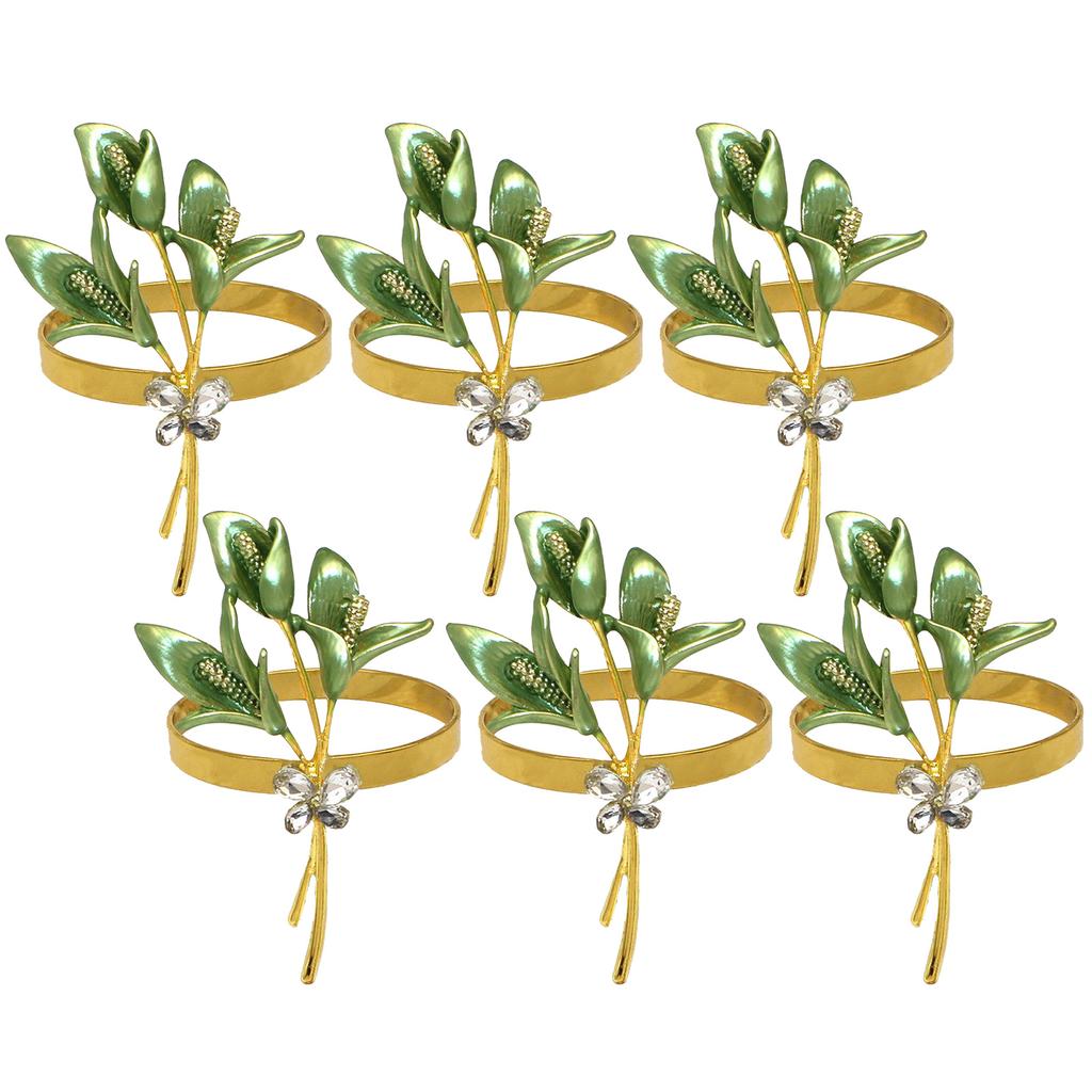 6pcs Green Gold Rhinestone Lily Napkin Rings Wedding Table Decor