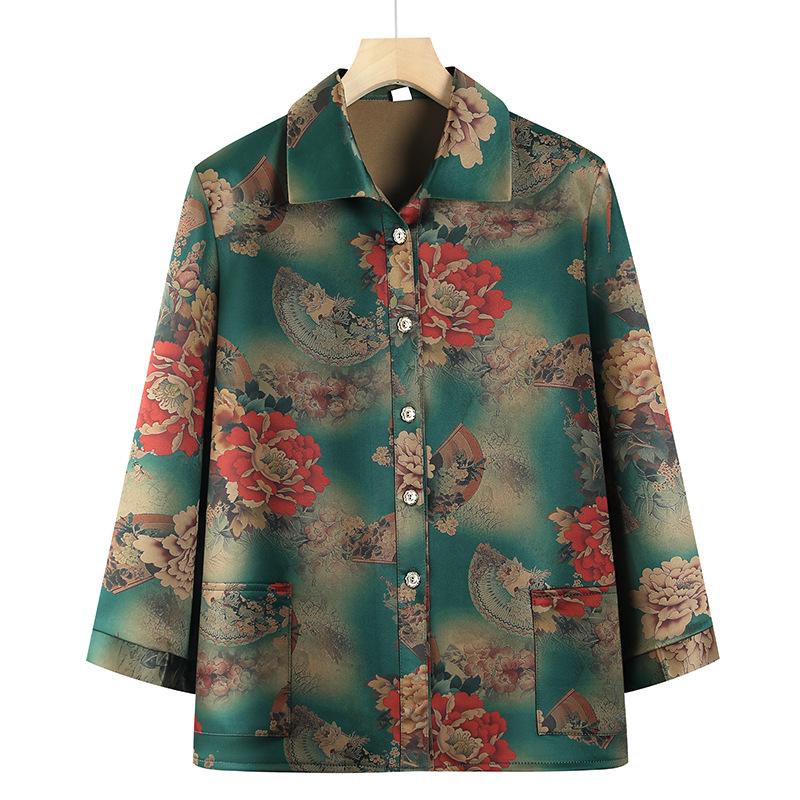 Women's Long-sleeved Square Collar Shirt Elderly Spring and Autumn Clothing Thin Coat