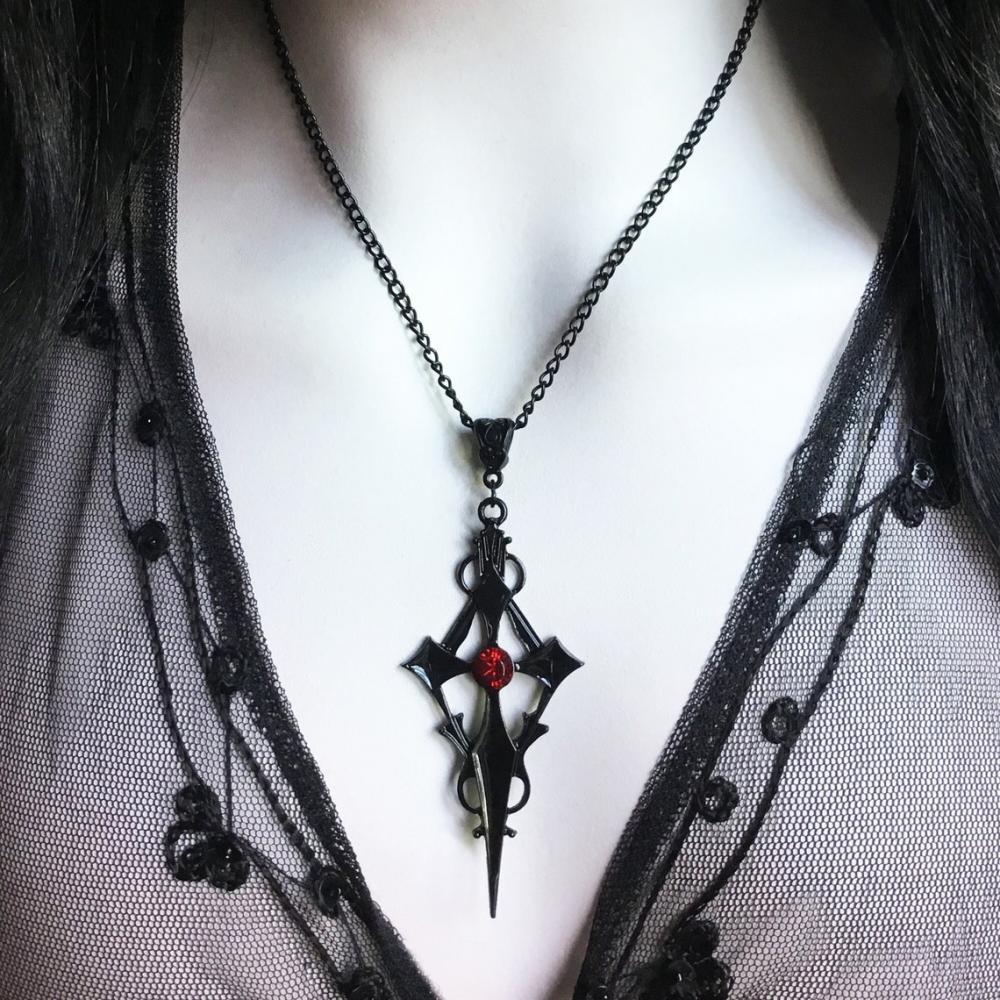 Vintage Black Pointed Cross Dagger Vampire Pendant Necklace Earrings Ladies Alternative Gothic Punk Halloween Jewelry Set