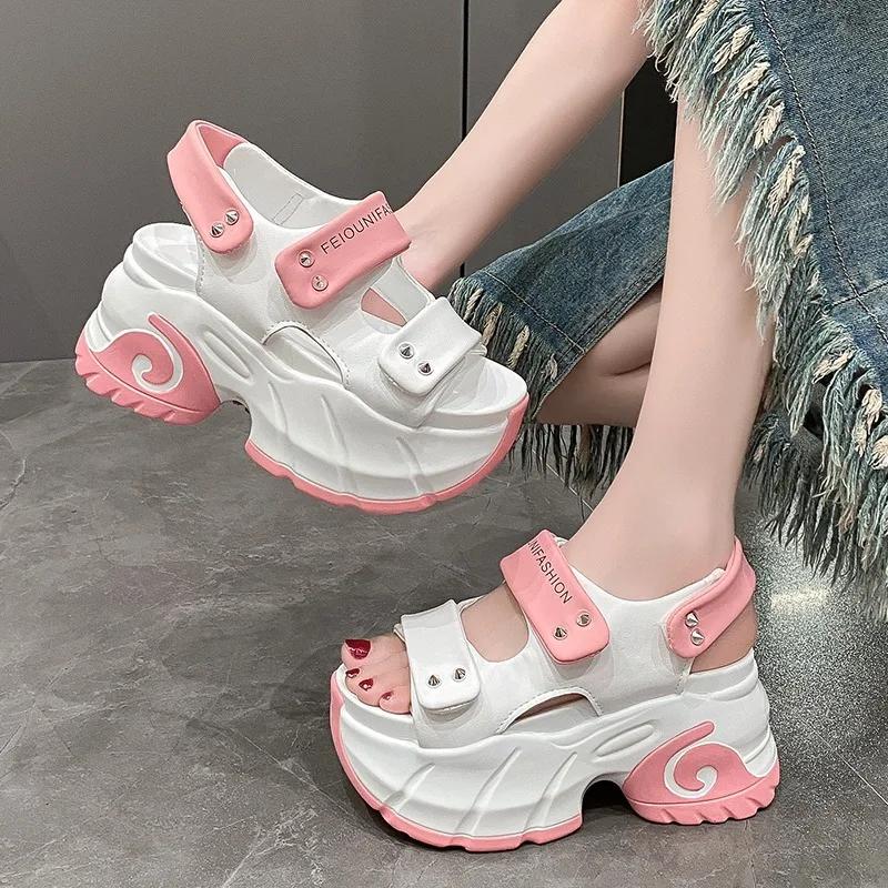 Fashion Women Leisure Chunky Platform Sandals Peep Toe High Heels New Gladiator Slippers Woman Trendy Summer Leather Beach Sandals 8.5CM