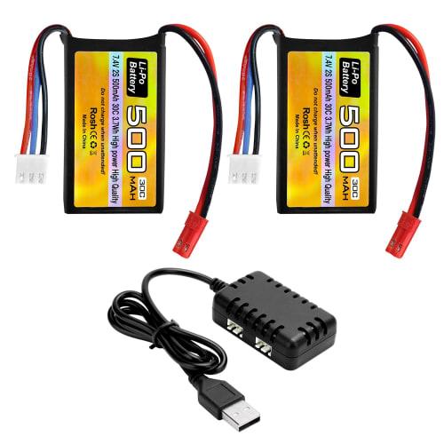 2PCS 7.4V 500mAh 30C Lithium Batteries with JST-2P Plug for Remote Control Helicopters, 4-Axis Airplanes, Small Aircraft, FPV Racer Drones, RC Cars, T