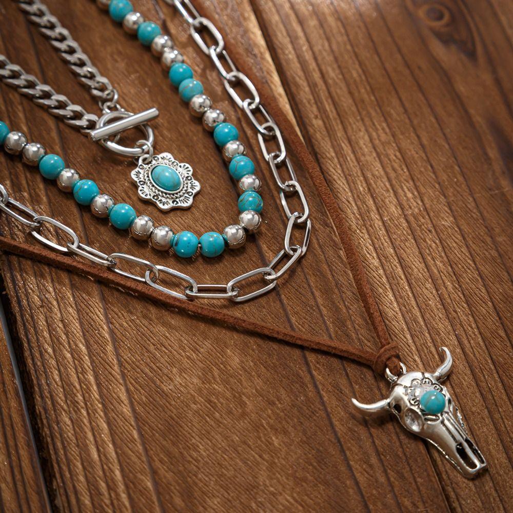 1 SET Stacked Multilayer Turquoise Necklace Ethnic Style Bohemian Style Clavicle Chain  Gift