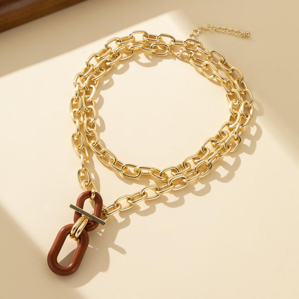 Layered Aluminum Stylish Chain Necklace With Geometric Metal Lock For Women