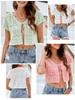 Women Crop Cardigan V Neck Short Sleeves Hollow Out Scalloped Knitted Short Casual Tops