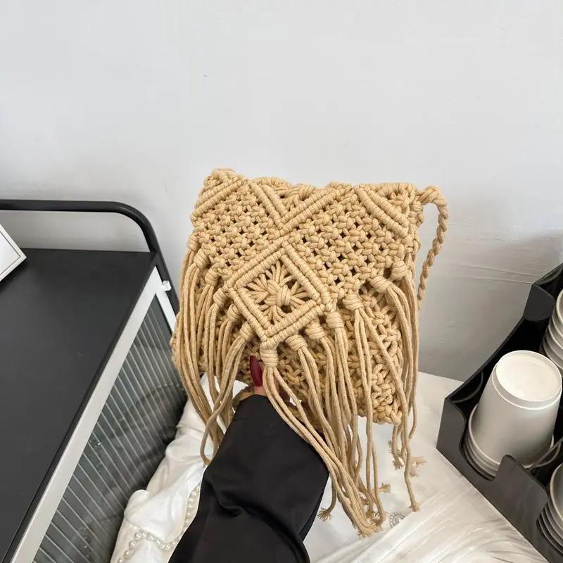 Yogodlns Bohemian Tassel Straw Bag Women Fashion Weave Handmade Crossbod Bag Summer Kintted Beach Handbag Vacation Lady Pouch
