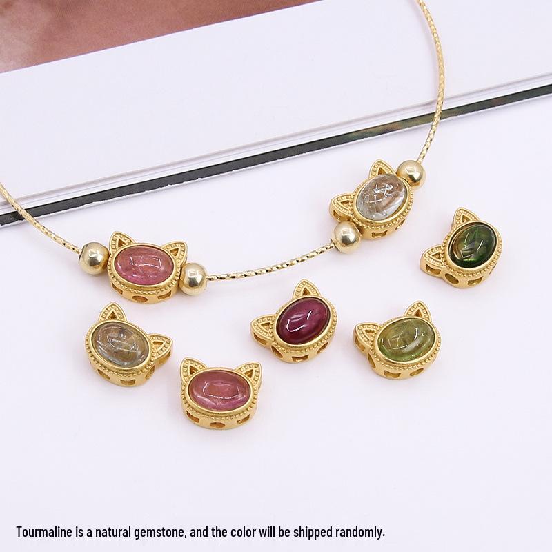 

S925 Sterling Silver Raccoon Rainbow Tourmaline Bead Pendant for DIY Jewelry