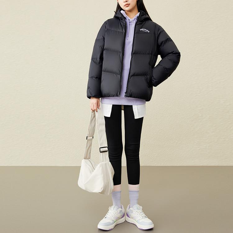 Anta Life Series Solid Color Logo Zipper Hooded Down Jacket Women outerwear Black 162248904-1