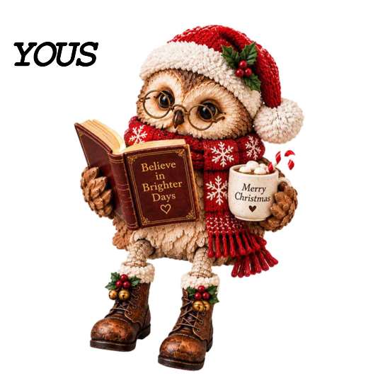 Dekorative Figur für Weihnachten Lesende Eule Figur, Statue mit offenem Buch Brille Schal und Stiefeln, Harz Tierstatuen Regale Skulptur