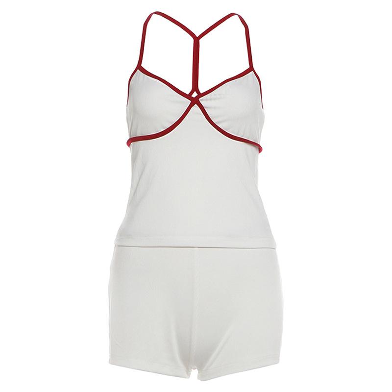 White Spaghetti Strap Top and Shorts Set with Red Trim S белый