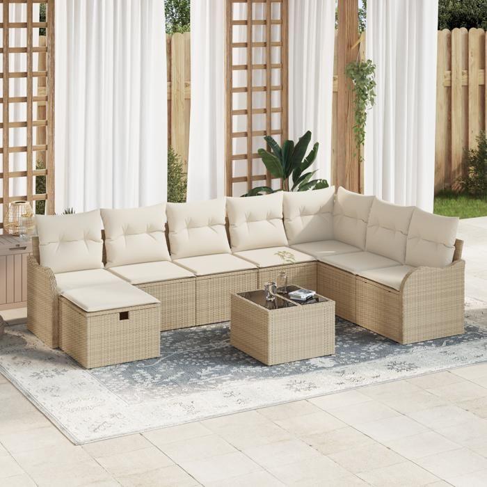 Ensemble de canapés de jardin 9 pièces avec coussins beige poly rattan, Canapé de jardin 2 places avec coussins beige poly 3359040
