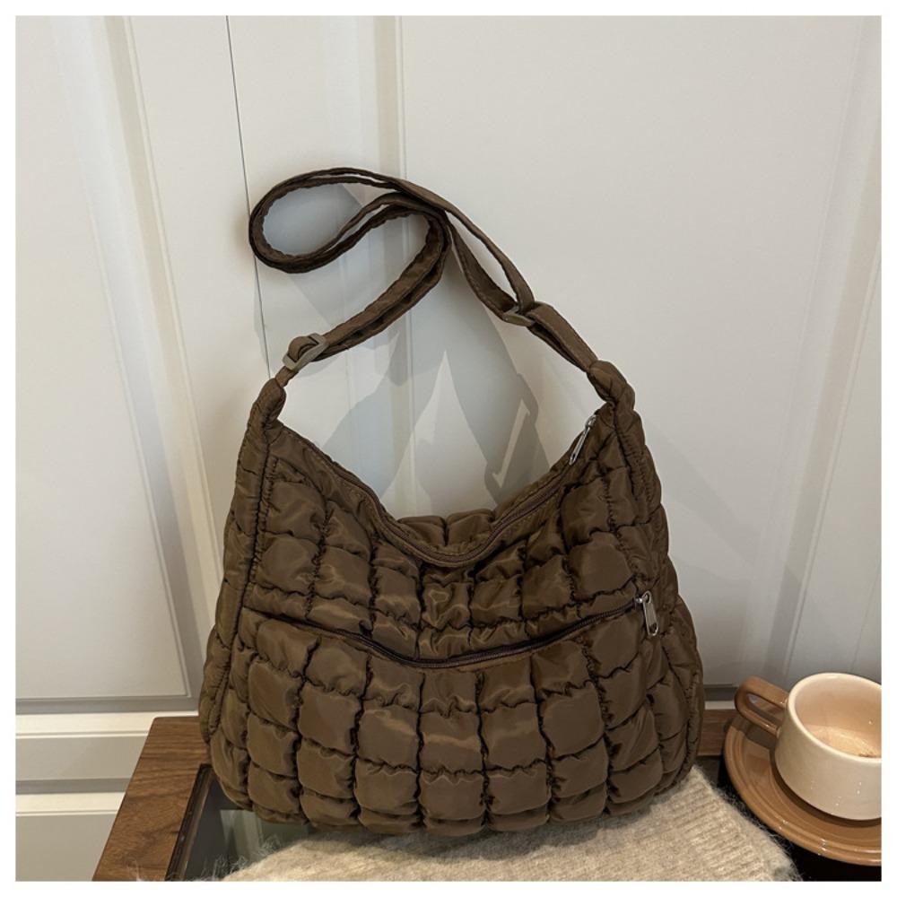 

Fashion Bag Grid Quilted Puffer Shoulder Bag Adjustable Strap Solid Padded Tote Bag Nylon Large Capacity Underarm Bag Ladies кофейный