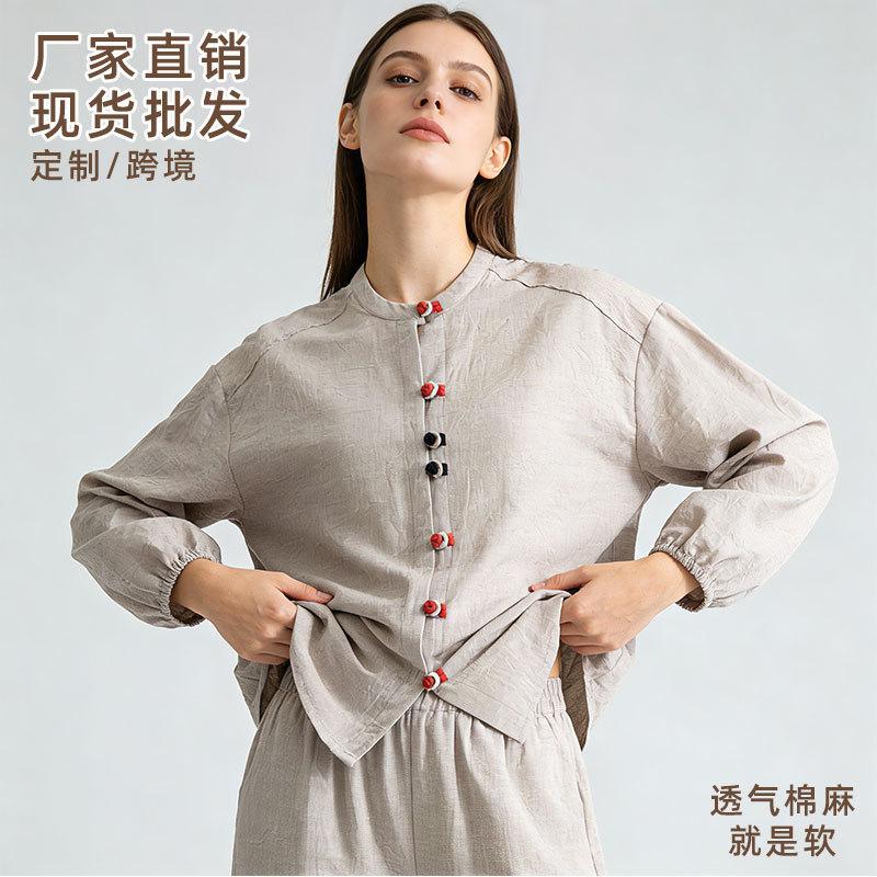 Cotton and linen pajamas women's autumn solid color stand-up collar new cotton and linen  retro cotton and linen loose loungewear set