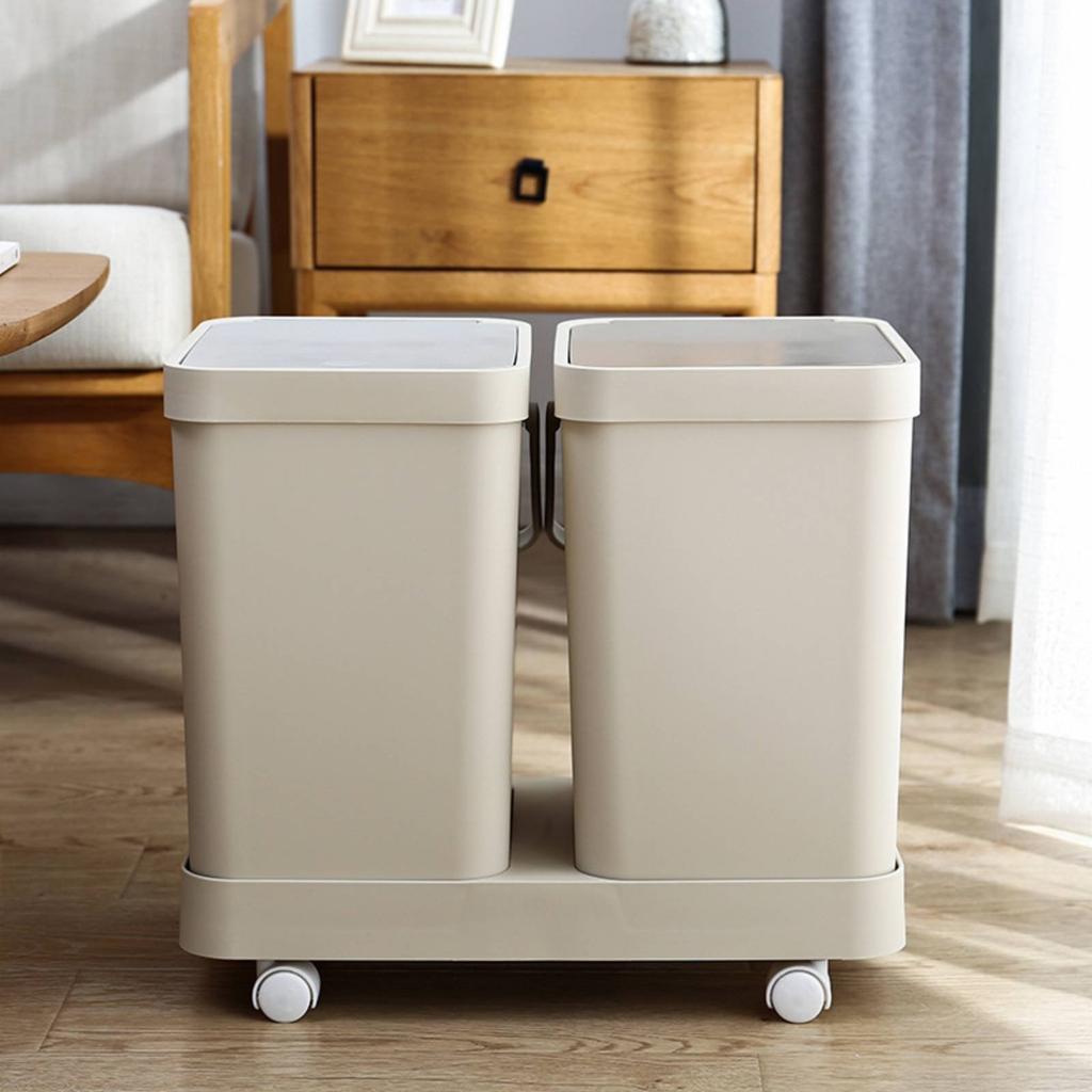 3-Compartment Trash Can Easy to Move Wheeled Sorting Bin 3 Compartment Trash Can Handle Design Kitchen Waste Sorter Space Saving