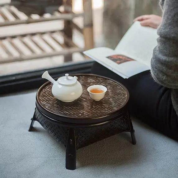 Chinese Style Coffee Table and Thai Style Retro Kung Fu Tea Set with Bamboo Basket with Lid Round Coffee Table for Domestic Use