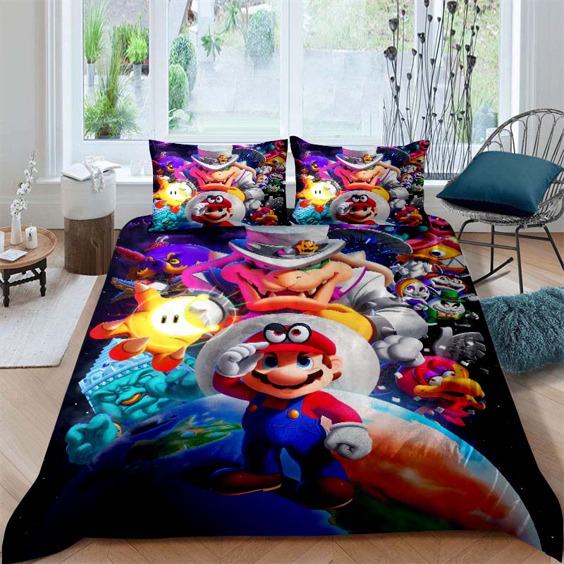 3D printed Super Mario World bedding set, a three-piece set including a printed duvet cover and pillowcases, available in adult
