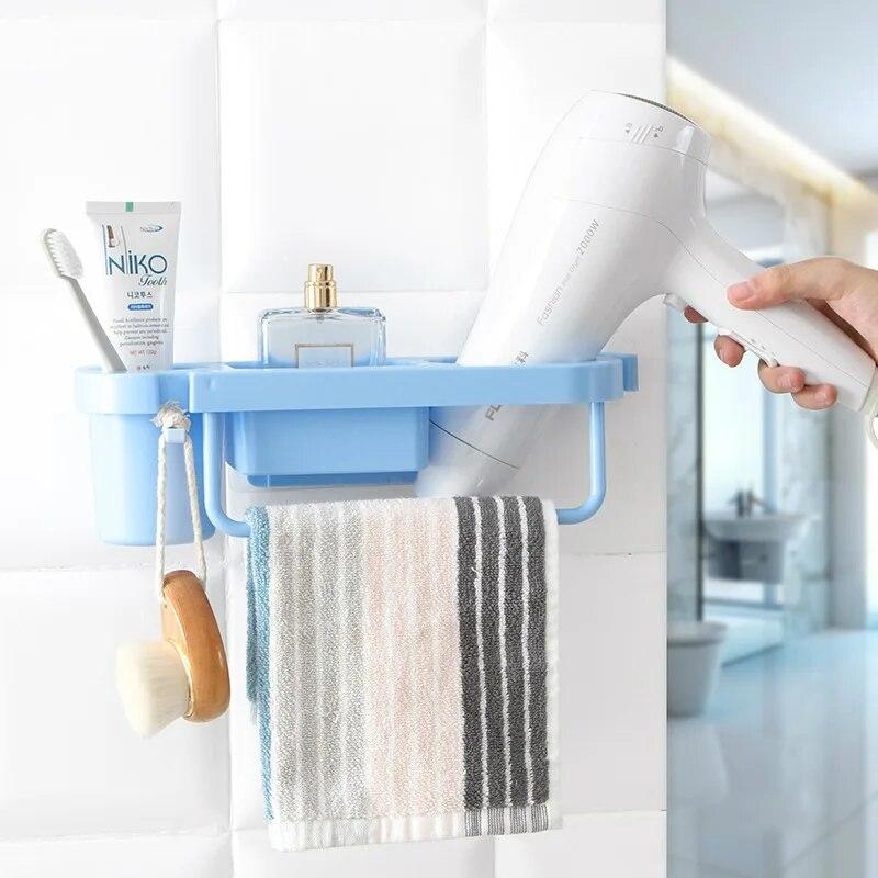 Multi-functional Hair Dryer Storage Rack Plastic Bathroom Wall-mounted Sucker Hair Dryer Storage Holder Organizer Shelf