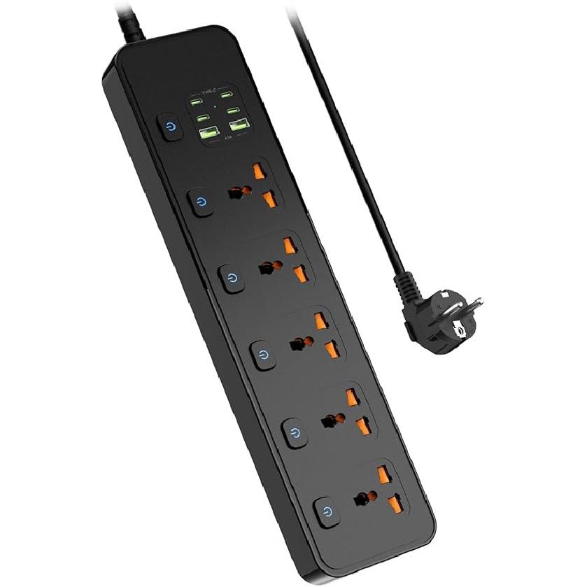 Universal Power Strip with USB Ports, Individual Swtich, 6ft Power Cord, 5 Universal AC Outlets, 4USB C and 2USB (5V/4.2A), Max 3000w, 110-240V,