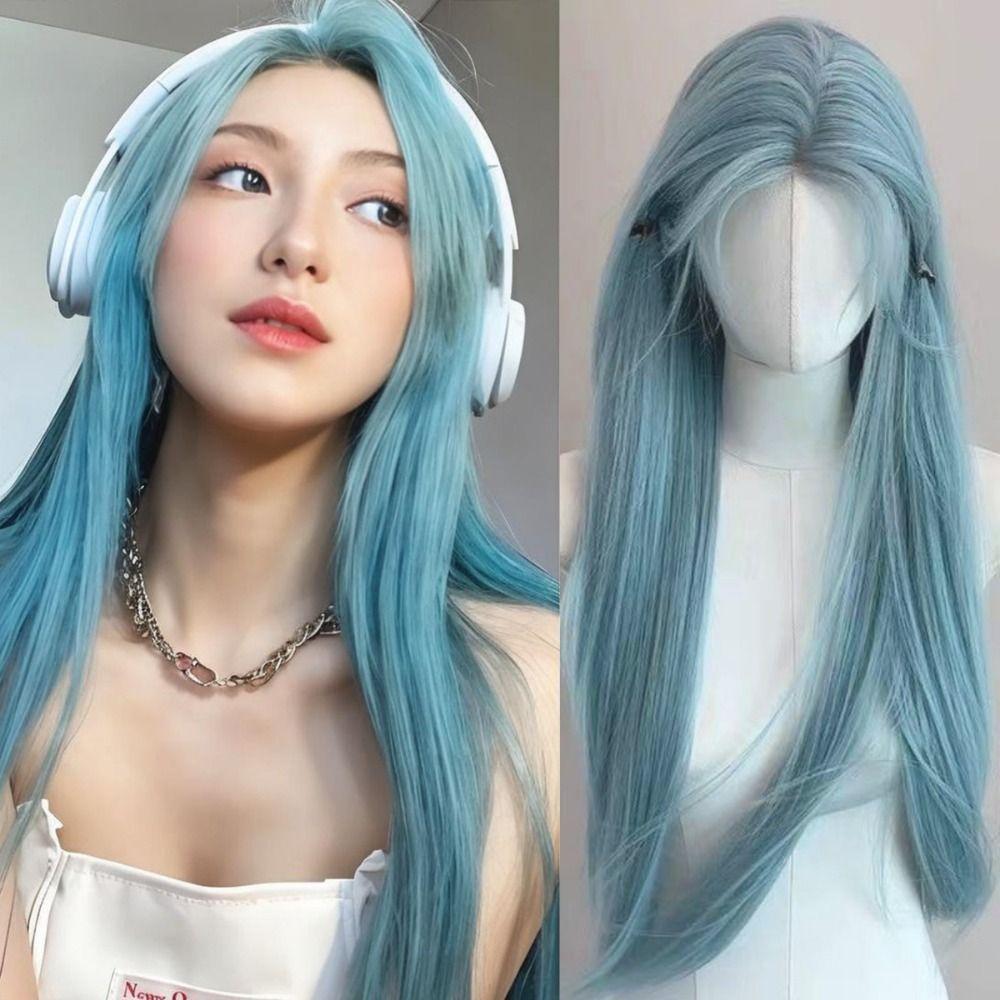 Harajuku Sea Salt Blue Wig 28inch Lolita Cosplay Wig Fake Hair Long Straight Synthetic Wig JK Girl