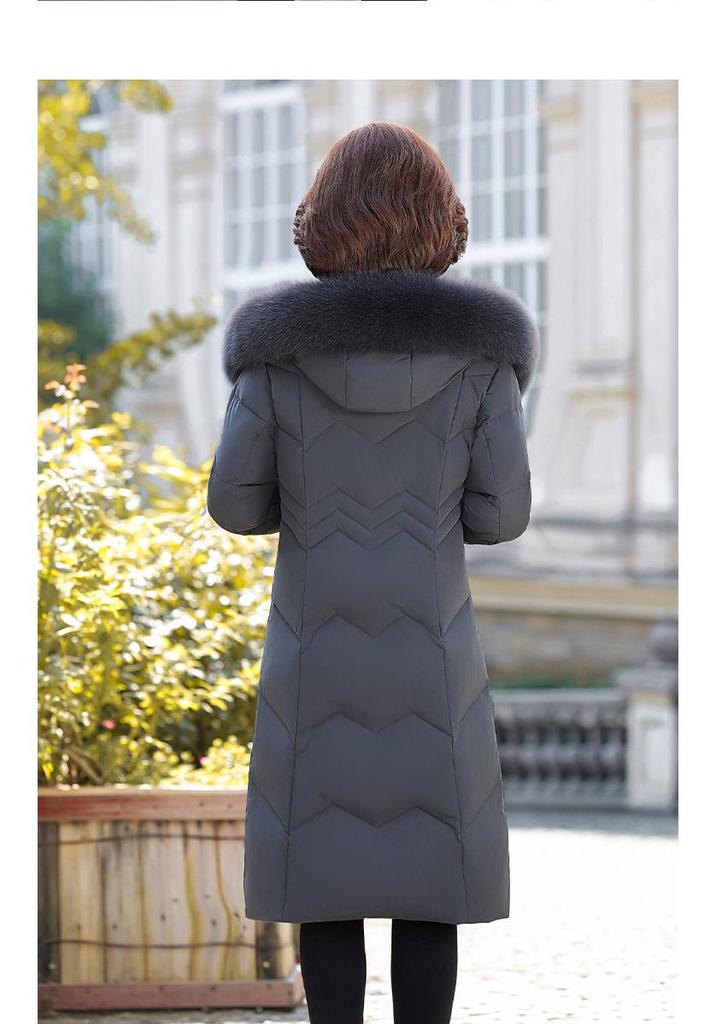 Fox Fur Collar Stylish Women's Down Jacket - Winter Mid-Length Plus Size Outerwear for Middle-Aged and Elderly.
