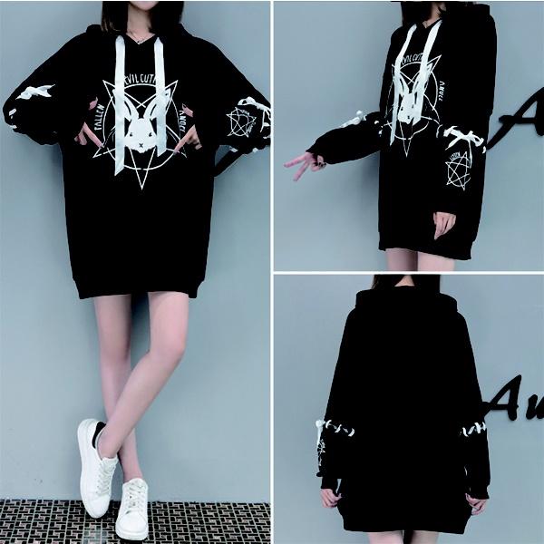 Harajuku Pentagram Lace Embossed Women's Polar Hoodies Punk Gothic Cute Bunny Oversize Hooded Velvet Sweatshirt Jersey Streetwear