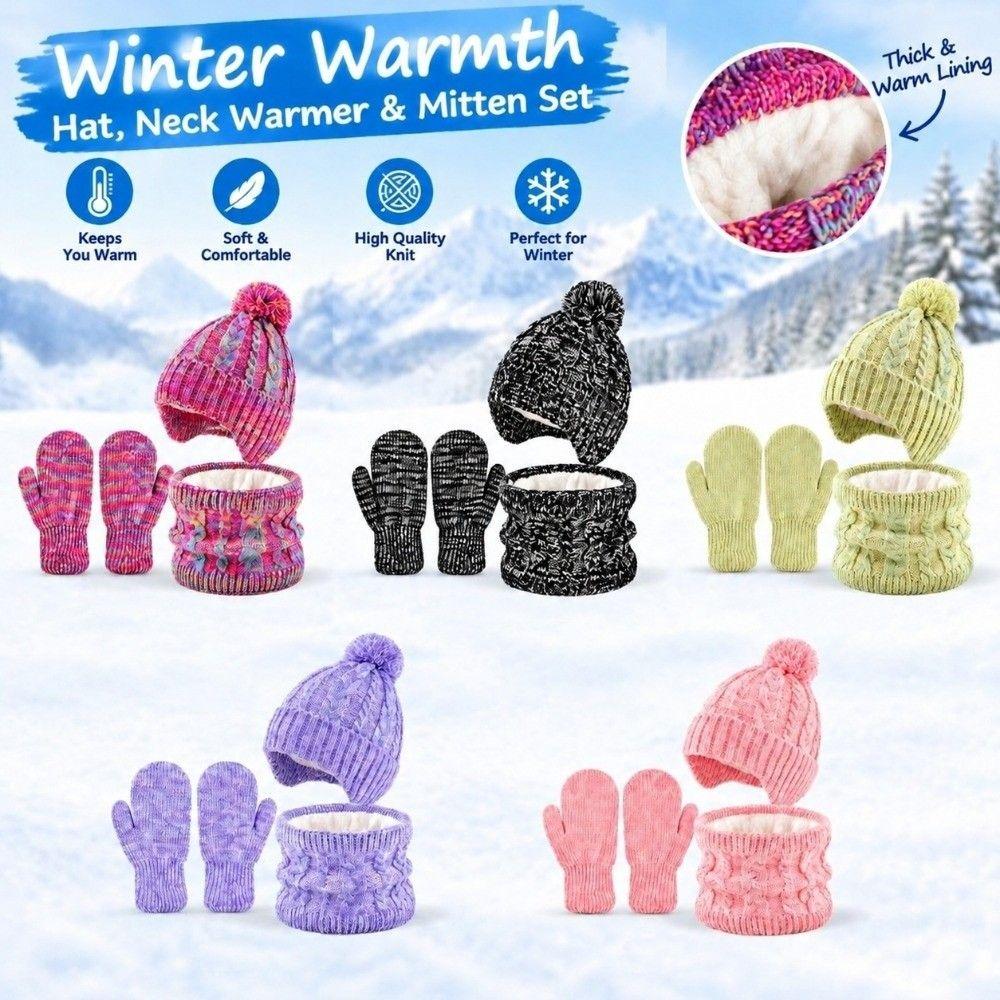 Plush Lining Kids Hat Scarf Gloves Set Colorful Gloves Soft Neck Gaiter Gloves Set For Children