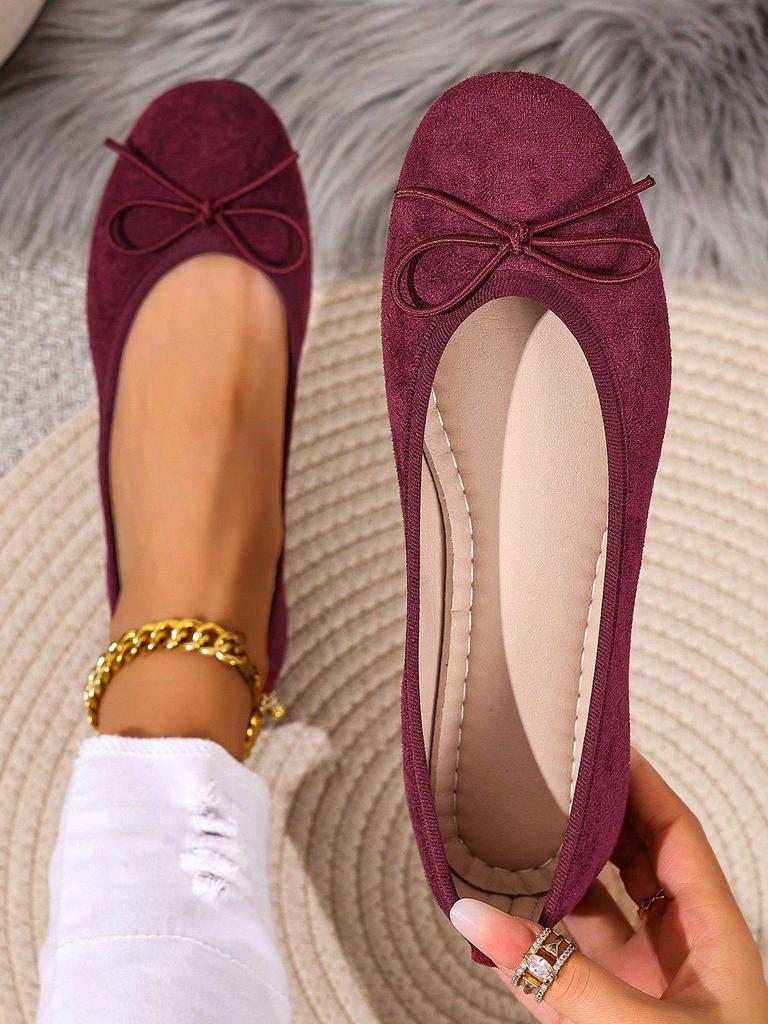 Plus Size Women's Black Suede Ballet Flats with Bow - Soft Sole & Shallow Mouth for Commuting