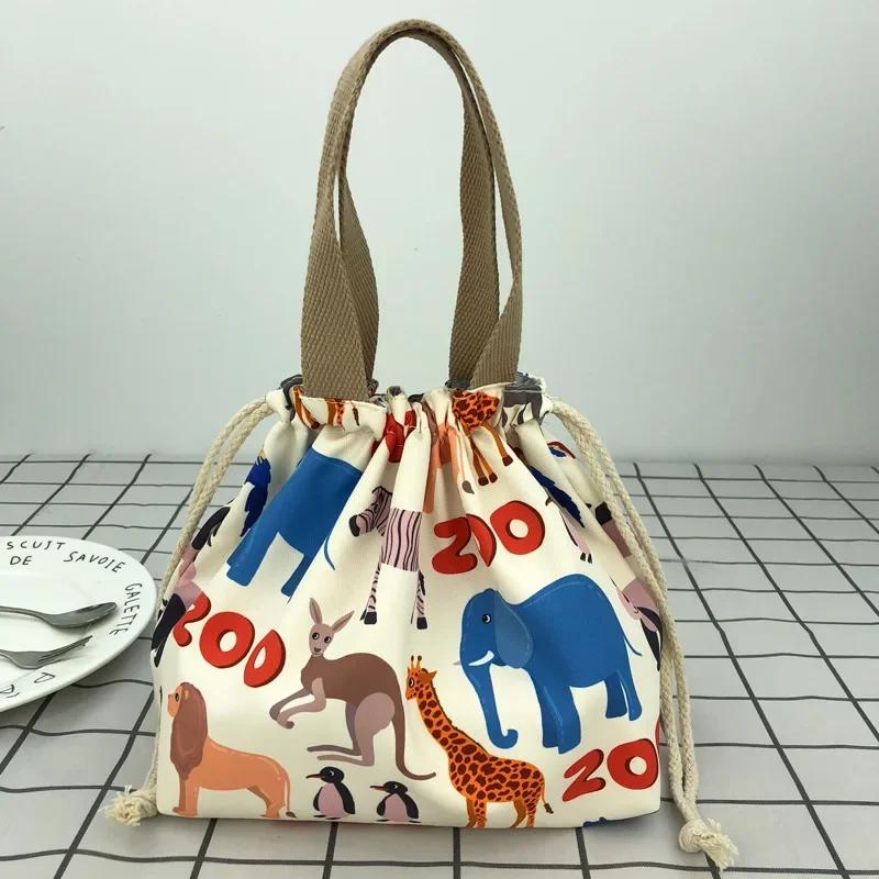 Cute Cartoon Print Bento Bag Casual Drawstring Portable Tote Lunch Bags Canvas Food Picnic Bags Lunch Bags for Work