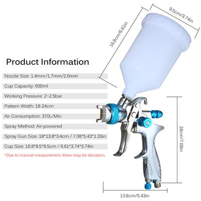 Spritzpistole Schwerkraft-Farbspritzgerät mit 600ml Becher 1,4mm 1,7mm 2,0mm Düse für Wand Möbel Zaun Schrank Tisch