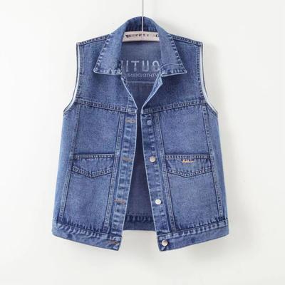 Chaleco de Mezclilla para Mujer de Longitud Media Versión Coreana de Primavera y Otoño Holgado Bordado con Parches Chaqueta sin Mangas Cárdigan Delgado Top