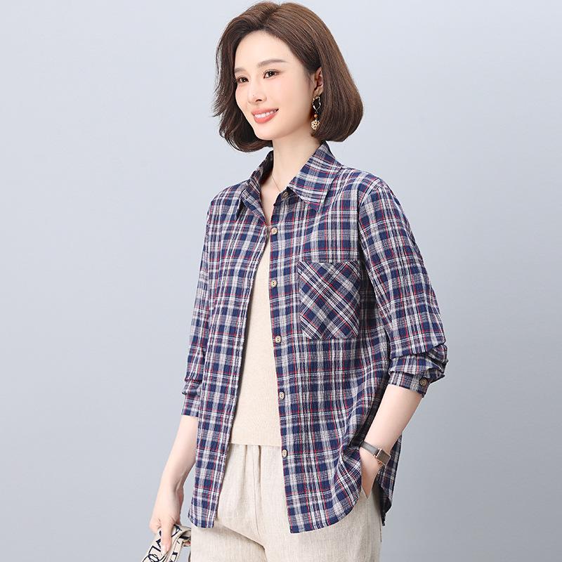 

Женская клетчатая рубашка с длинным рукавом - Коллекция весна-осень 2025, Повседневный и свободный крой для женщин среднего возраста, Гонконгский стиль. Extra Large