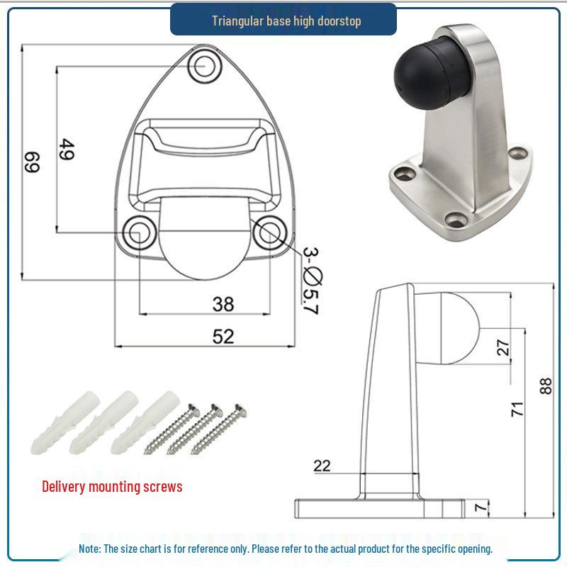 304 Stainless Steel Triangle Door Stopper with Anti-Collision Rubber for Bathroom and Room Doors