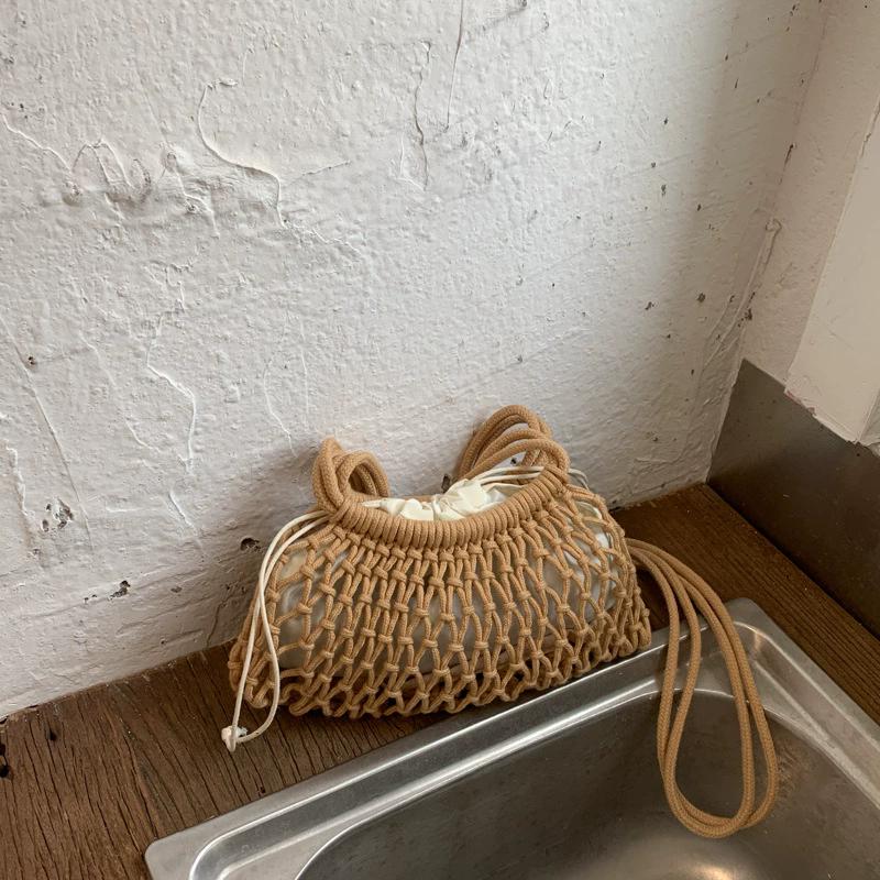 Yogodlns Summer Woven Net Shoulder Bag for Women Beach Hollow Out Crossbody Bag Retro Bohemian Vacation Daily Use Purse