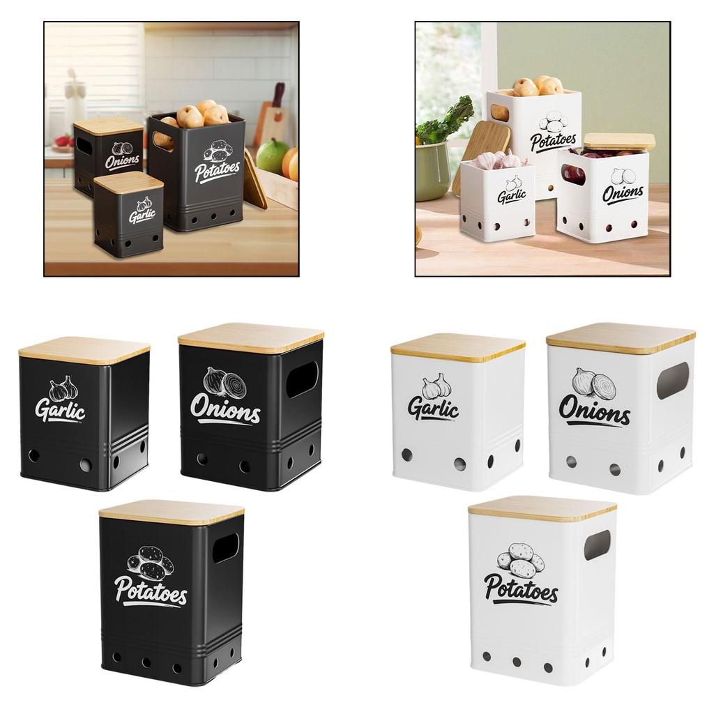 Iron Bamboo Potato Onion Garlic Storage Bins 3 Piece Organizer Set with Vent Holes for Home