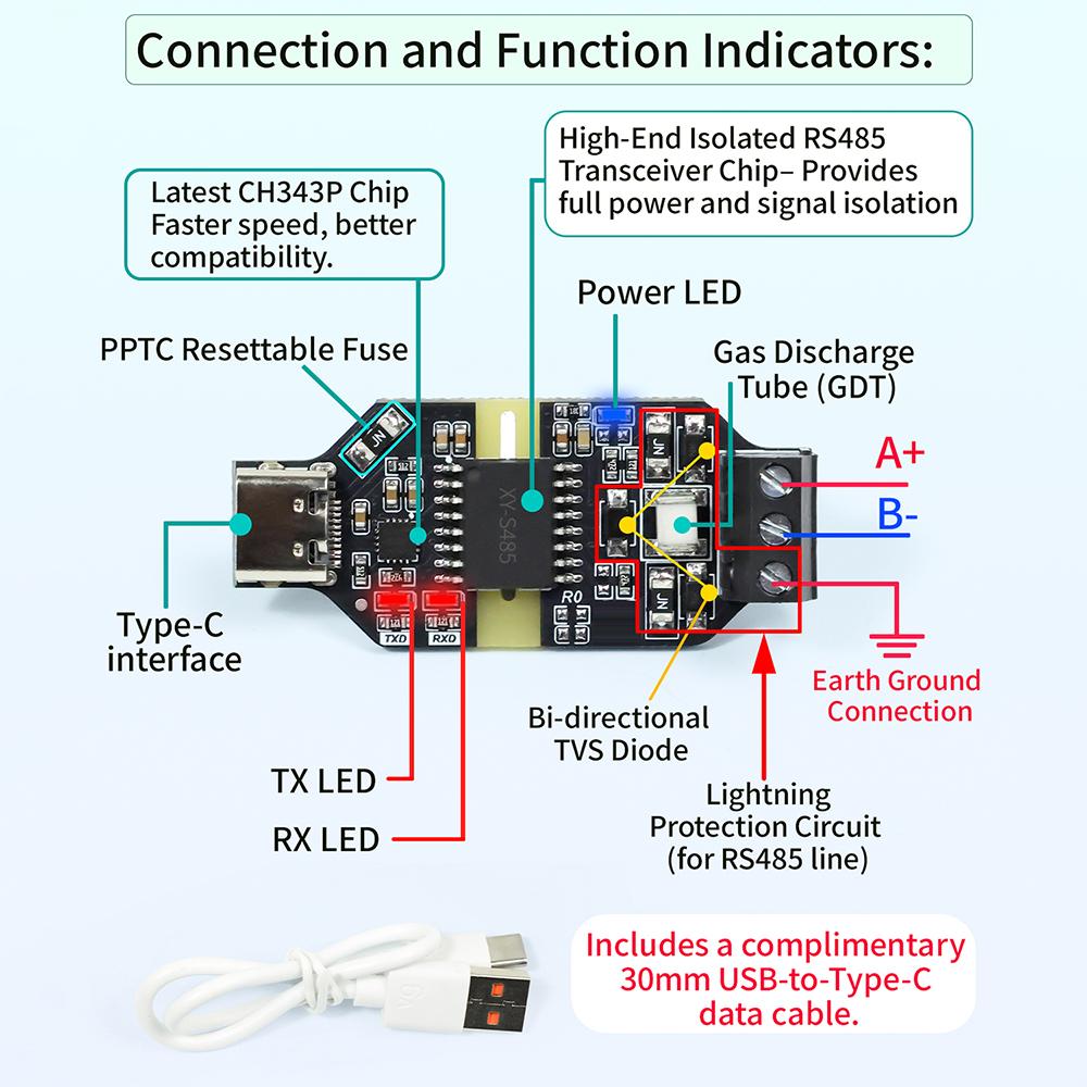 USB to RS485 Isolated converter CH343P serial port module 6Mbps high-speed communication Auto flow control anti-resistant Type-C