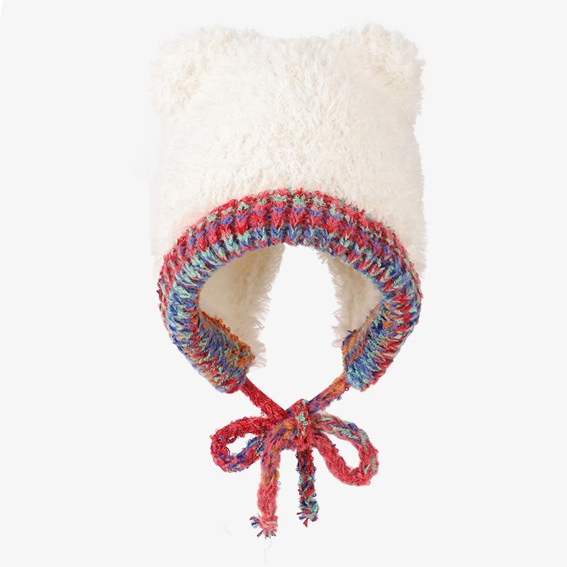 

Милая плюшевая вязаная шапка с медвежонком для детей, универсальная для осени и зимы, подчеркивающая маленькое лицо, сохраняющая тепло и защищающая уши от холода. one size fits all белый