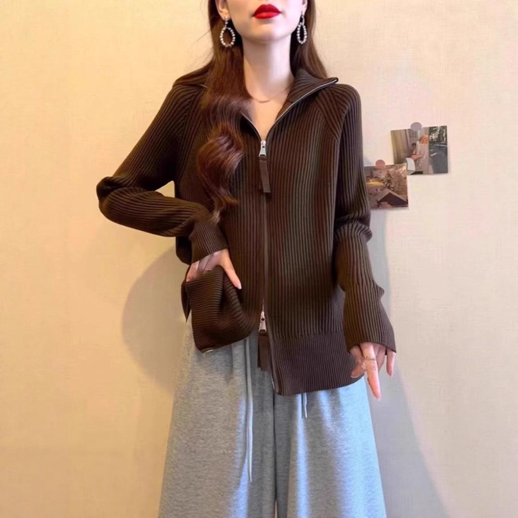 Women's Collared Zip Front Ribbed Knit Cardigan